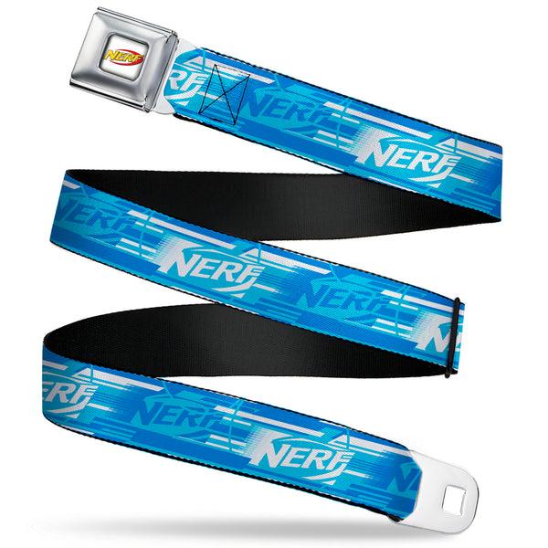 Buckle-Down NERF Logo Full Color White/Red/Yellow Seatbelt Belt - NERF Logo Streaks Blues/White Webbing