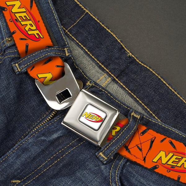 Buckle-Down NERF Logo Full Color White/Red/Yellow Seatbelt Belt - NERF Logo Darts Scattered Orange/Black Webbing