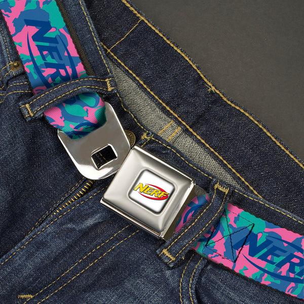 Buckle-Down NERF Logo Full Color White/Red/Yellow Seatbelt Belt - NERF Logo And Icon Camo Blues/Pinks Webbing