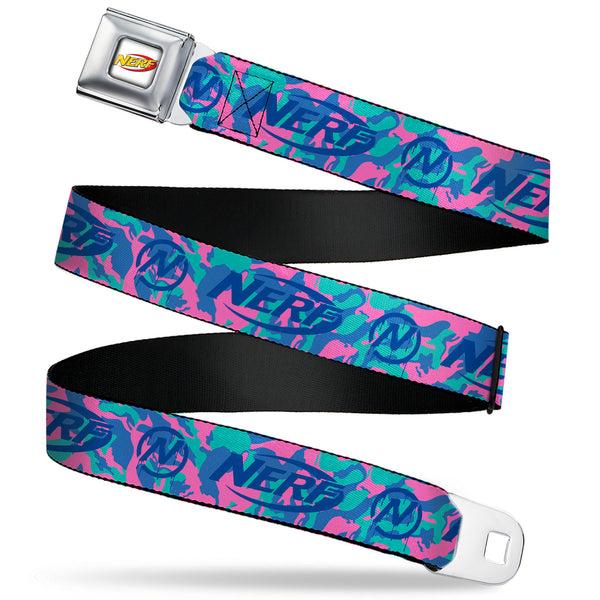 Buckle-Down NERF Logo Full Color White/Red/Yellow Seatbelt Belt - NERF Logo and Icon Camo Blues/Pinks Webbing