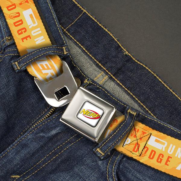 Buckle-Down NERF Logo Full Color White/Red/Yellow Seatbelt Belt - NERF Action Verbiage Collage Yellows/Orange/White Webbing