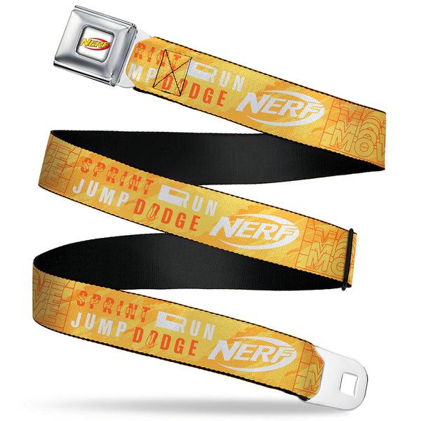 Buckle-Down NERF Logo Full Color White/Red/Yellow Seatbelt Belt - NERF Action Verbiage Collage Yellows/Orange/White Webbing