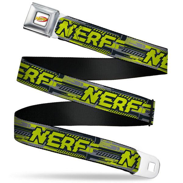 Buckle-Down NERF Logo Full Color White/Red/Yellow Seatbelt Belt - NERF Text Glitch Logo Gray/Yellow/Black Webbing