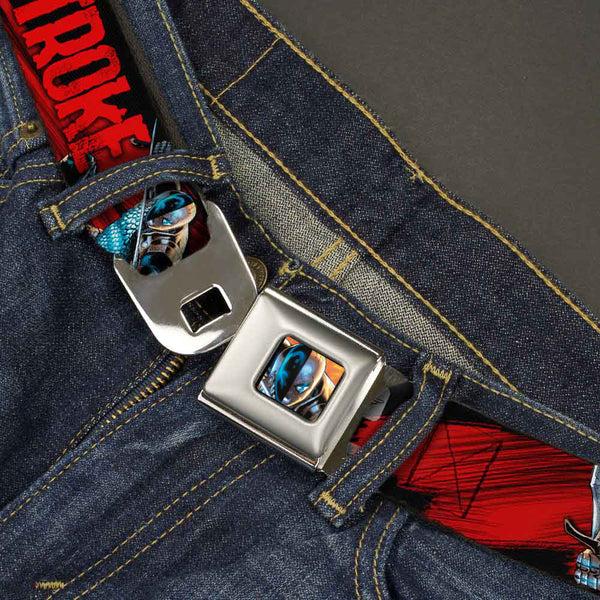 Buckle-Down New 52 Deathstroke Face CLOSE-UP Full Color Red Seatbelt Belt - New 52 DEATHSTROKE Action Poses Black/Red Webbing