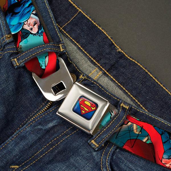 Buckle-Down New 52 Superman Shield Explosion Full Color Blues Red Yellow Seatbelt Belt - New 52 Superman 1-Action Pose/Explosion/Bullets CLOSE-UP Light Blue Webbing