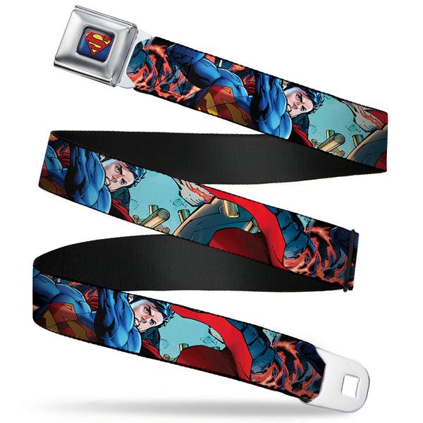 Buckle-Down New 52 Superman Shield Explosion Full Color Blues Red Yellow Seatbelt Belt - New 52 Superman 1-Action Pose/Explosion/Bullets CLOSE-UP Light Blue Webbing