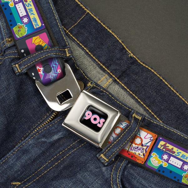 Buckle-Down Nick 90'S Rewind Icon Full Color Black/Blue/Pink Seatbelt Belt - Nick 90's Rewind 13-Mash Up Cassette Tapes Black Webbing