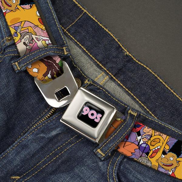 Buckle-Down Nick 90'S Rewind Icon Full Color Black/Blue/Pink Seatbelt Belt - Nick 90's Rewind Character Mash Up Collage2 Pinks Webbing