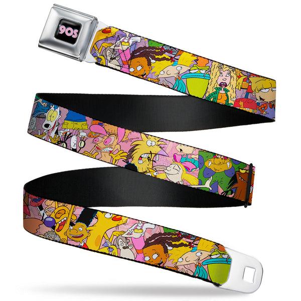Buckle-Down Nick 90'S Rewind Icon Full Color Black/Blue/Pink Seatbelt Belt - Nick 90's Rewind Character Mash Up Collage2 Pinks Webbing