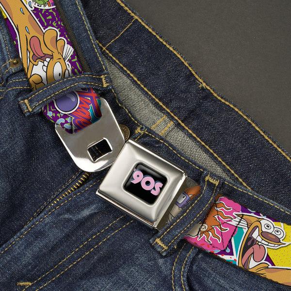 Buckle-Down Nick 90'S Rewind Icon Full Color Black/Blue/Pink Seatbelt Belt - Nick 90's Rewind 7-Character/4-Logo Collage Webbing