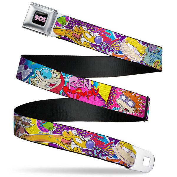 Buckle-Down Nick 90'S Rewind Icon Full Color Black/Blue/Pink Seatbelt Belt - Nick 90's Rewind 7-Character/4-Logo Collage Webbing