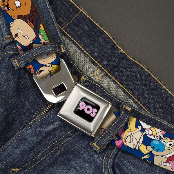Buckle-Down Nick 90'S Rewind Icon Full Color Black/Blue/Pink Seatbelt Belt - Nick 90's Rewind 16-Character Poses Navy Blue Webbing
