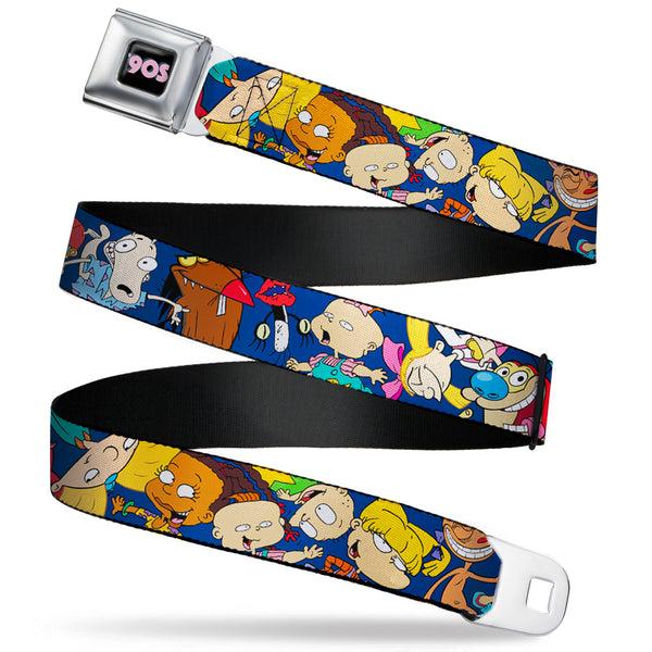 Buckle-Down Nick 90'S Rewind Icon Full Color Black/Blue/Pink Seatbelt Belt - Nick 90's Rewind 16-Character Poses Navy Blue Webbing