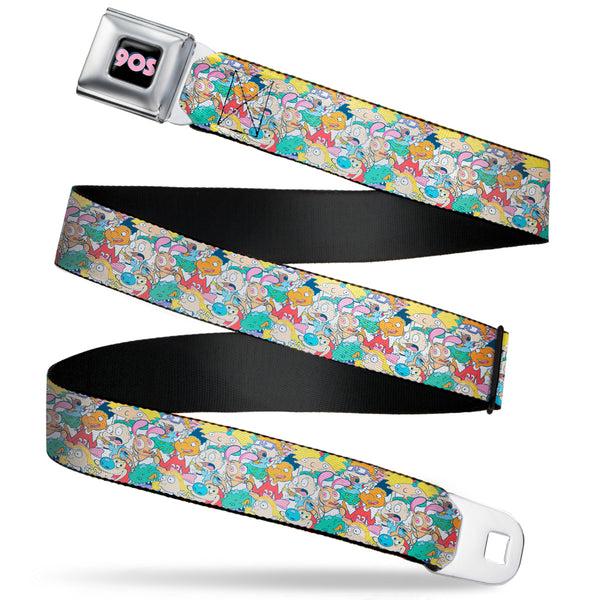 Buckle-Down Nick 90'S Rewind Icon Full Color Black/Blue/Pink Seatbelt Belt - Nick 90's Rewind 8-Character Mash Up Collage White Webbing