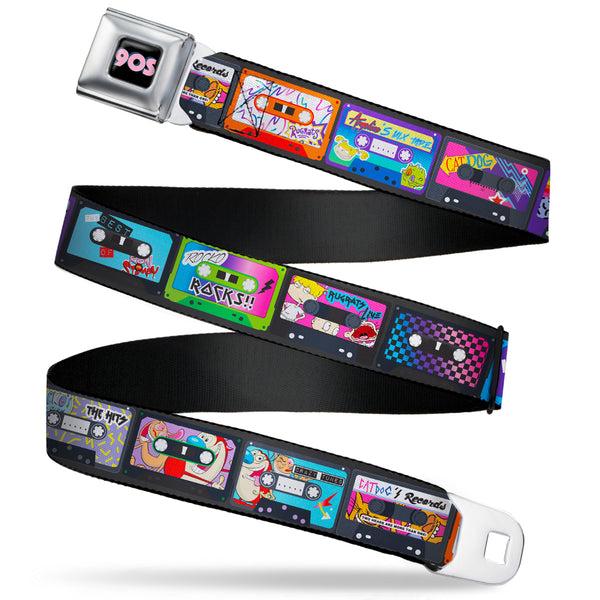 Buckle-Down Nick 90'S Rewind Icon Full Color Black/Blue/Pink Seatbelt Belt - Nick 90's Rewind 13-Mash Up Cassette Tapes Black Webbing