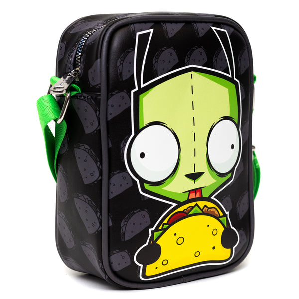 Buckle-Down Nickelodeon Bag Cross Body Invader Zim GIR Taco Pose With Taco Print Black Gray Vegan Leather