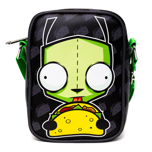 Buckle-Down Nickelodeon Bag Cross Body Invader Zim GIR Taco Pose With Taco Print Black Gray Vegan Leather