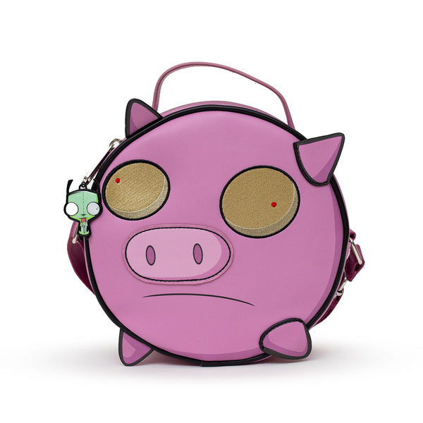 Buckle-Down Nickelodeon Bag Cross Body Round Invader Zim Piggy Close Up Applique with Embroidery Pink Vegan Leather