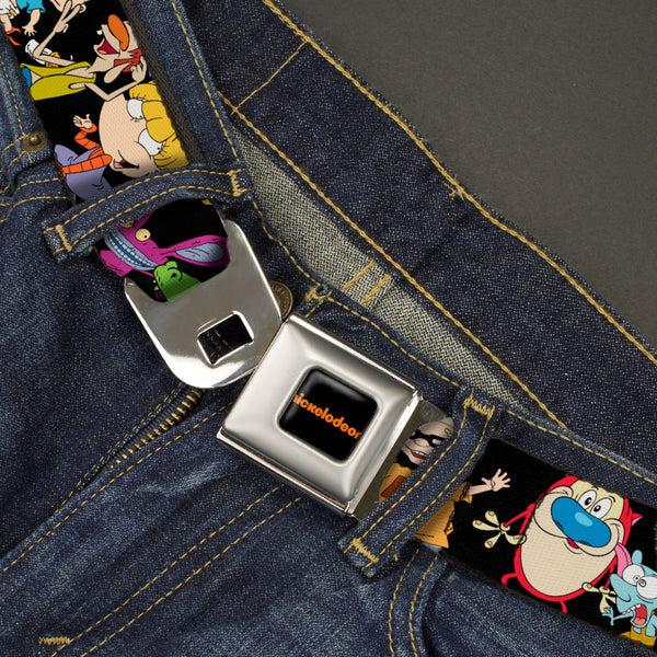 Buckle-Down NICKELODEON Logo Full Color Black/Orange Seatbelt Belt - Nick 90's 13-Character Poses Black Webbing