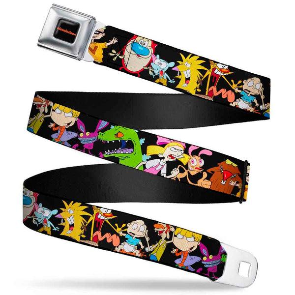 Buckle-Down NICKELODEON Logo Full Color Black/Orange Seatbelt Belt - Nick 90's 13-Character Poses Black Webbing