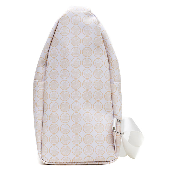 Buckle-Down Nickelodeon Vegan Leather Crossbody Sling Bag Avatar Last Airbender Chibi Group Pose On Appa White 7" X 14"