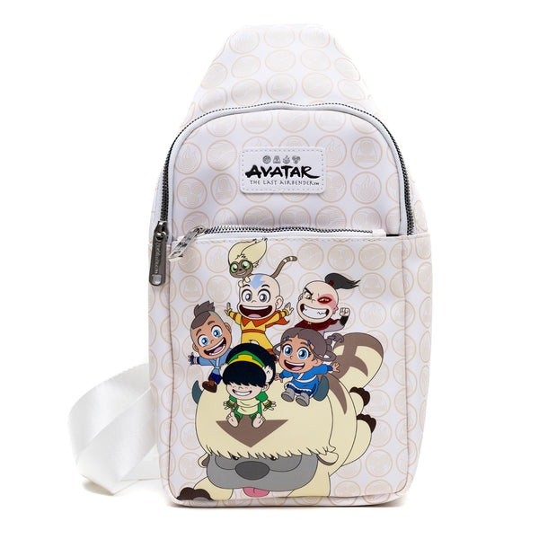 Buckle-Down Nickelodeon Vegan Leather Crossbody Sling Bag Avatar Last Airbender Chibi Group Pose on Appa White 7" x 14"