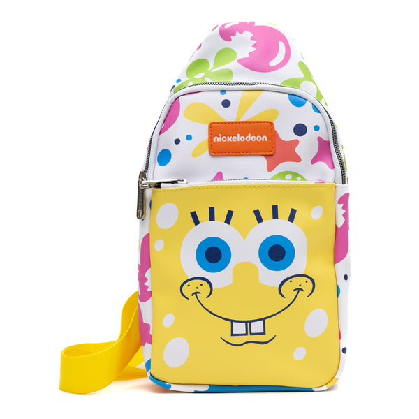 Buckle-Down Nickelodeon Vegan Leather Crossbody Sling Bag SpongeBob SquarePants Smiling Character Close Up and Icons 7" x 14"