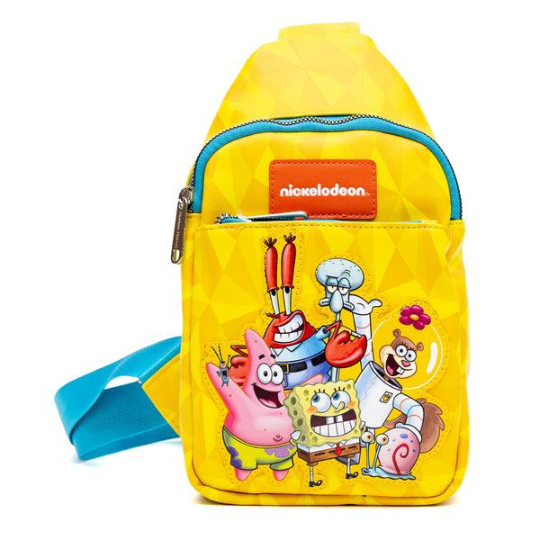 Buckle-Down Nickelodeon Vegan Leather Crossbody Sling Bag with Adjustable Straps SpongeBob SquarePants and Friends Pose Applique Yellow