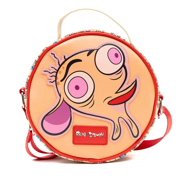 Buckle-Down Nickelodeon Vegan Leather Round Crossbody Bag With Adjustable Straps Ren And Stimpy Character Face Close Up Appliques Red Beige