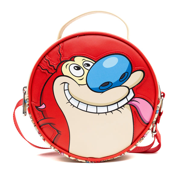 Buckle-Down Nickelodeon Vegan Leather Round Crossbody Bag With Adjustable Straps Ren And Stimpy Character Face Close Up Appliques Red Beige