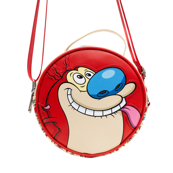 Buckle-Down Nickelodeon Vegan Leather Round Crossbody Bag with Adjustable Straps Ren and Stimpy Character Face Close Up Appliques Red Beige