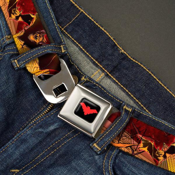 Buckle-Down Nightwing Logo Full Color Black Red Seatbelt Belt - NIGHTWING Poses/Bats Welcome To Gotham Comic Book Cover Webbing