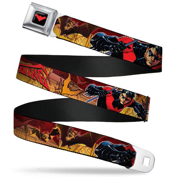 Buckle-Down Nightwing Logo Full Color Black Red Seatbelt Belt - NIGHTWING Poses/Bats Welcome to Gotham Comic Book Cover Webbing