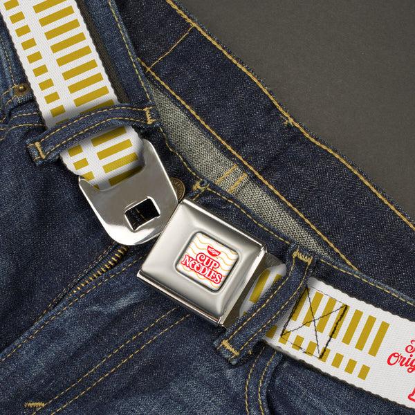 Buckle-Down NISSIN CUP NOODLES Logo/Noodle Wave Full Color White/Orange/Red Seatbelt Belt - THE ORIGINAL CUP NOODLES Caterpillar Striping White/Red/Gold Webbing