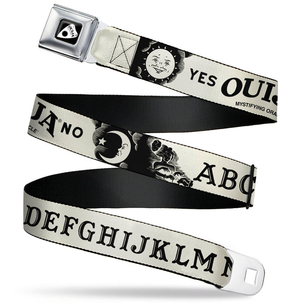 Buckle-Down OUIJA Board Logo Planchette Full Color Red/White Seatbelt Belt - OUIJA Board Letters and Elements Beige/Black Webbing