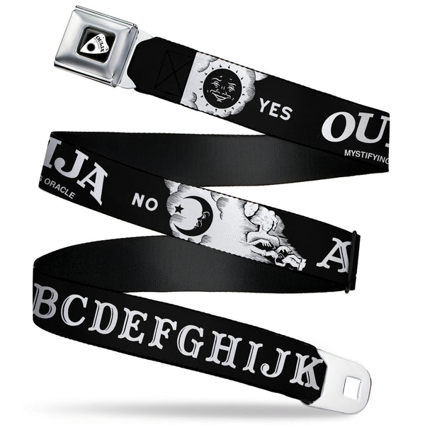 Buckle-Down OUIJA Board Logo Planchette Full Color Red/White Seatbelt Belt - OUIJA Board Letters and Elements Black/White Webbing