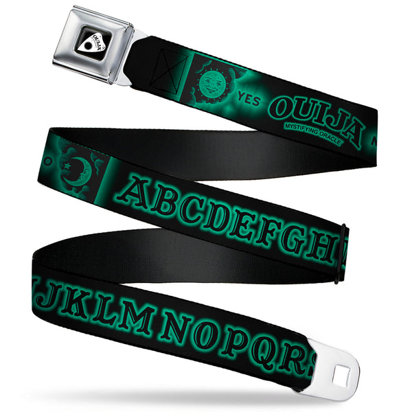 Buckle-Down OUIJA Board Logo Planchette Full Color Red/White Seatbelt Belt - OUIJA Board Letters and Elements Black/Greens Webbing