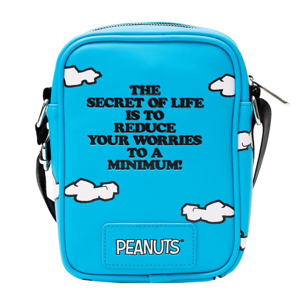 Buckle-Down Peanuts Bag Crossbody The Secret Of Life Snoopy And Woodstock Dog House Pose Blue Vegan Leather