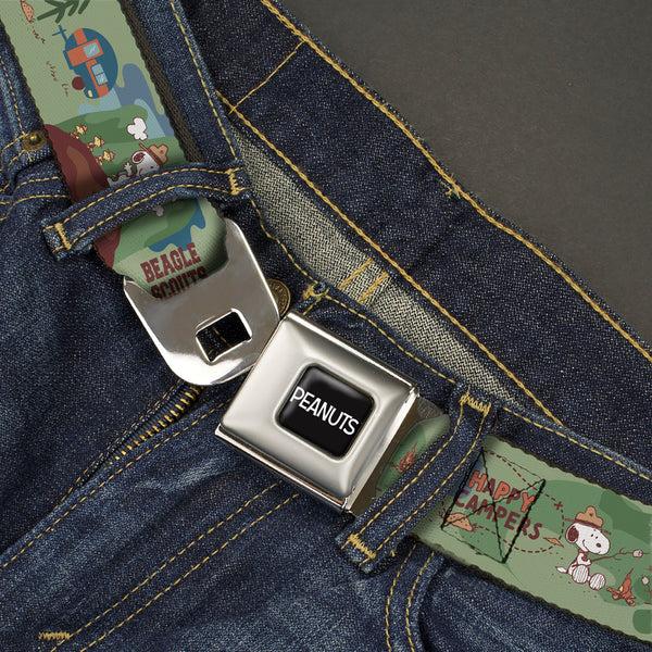 Buckle-Down PEANUTS Title Logo Full Color Black/White Seatbelt Belt - Peanuts HAPPY CAMPER BEAGLE SCOUTS Scenes Webbing