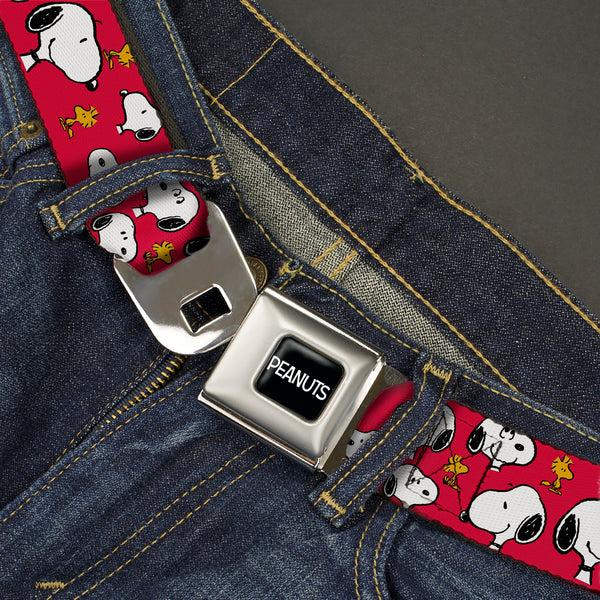 Buckle-Down PEANUTS Title Logo Full Color Black/White Seatbelt Belt - Peanuts Snoopy And Woodstock Poses Scattered Red Webbing