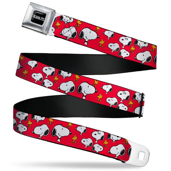 Buckle-Down PEANUTS Title Logo Full Color Black/White Seatbelt Belt - Peanuts Snoopy And Woodstock Poses Scattered Red Webbing