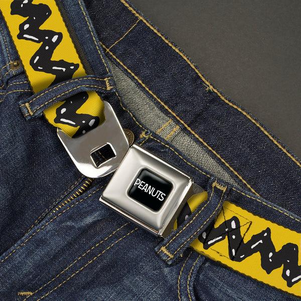 Buckle-Down PEANUTS Title Logo Full Color Black/White Seatbelt Belt - Peanuts Charlie Brown Zig Zag Stripe Yellow/Black Webbing