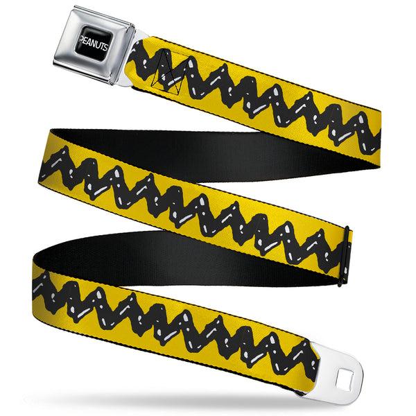 Buckle-Down PEANUTS Title Logo Full Color Black/White Seatbelt Belt - Peanuts Charlie Brown Zig Zag Stripe Yellow/Black Webbing