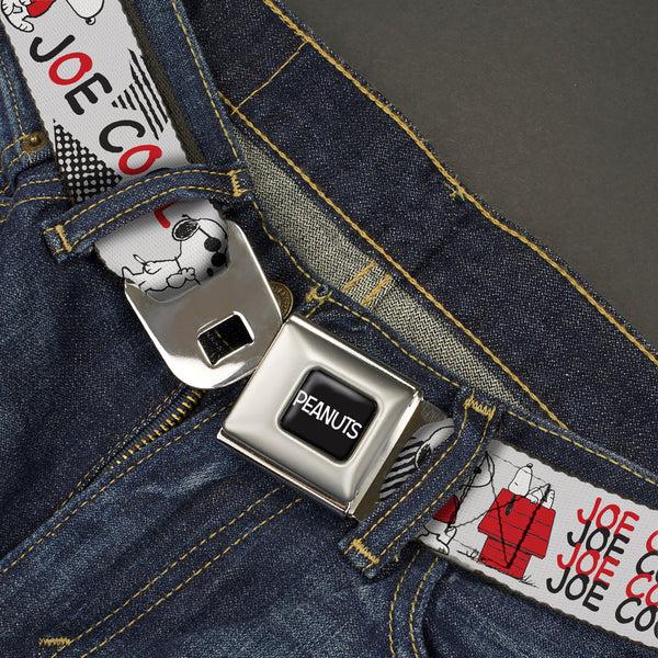 Buckle-Down PEANUTS Title Logo Full Color Black/White Seatbelt Belt - Peanuts JOE COOL Snoopy Poses And Text Gray/Black/Red/White Webbing