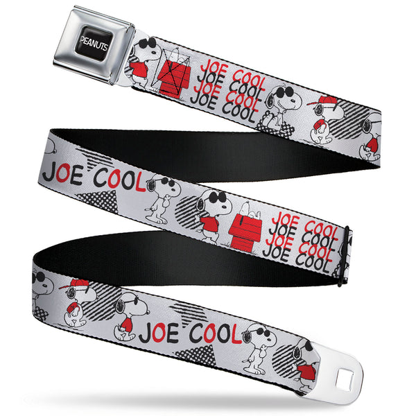 Buckle-Down PEANUTS Title Logo Full Color Black/White Seatbelt Belt - Peanuts JOE COOL Snoopy Poses and Text Gray/Black/Red/White Webbing