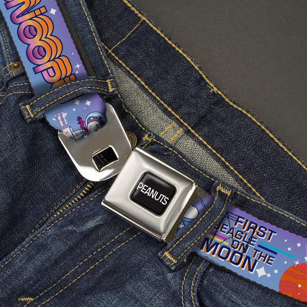 Buckle-Down PEANUTS Title Logo Full Color Black/White Seatbelt Belt - Peanuts Astronaut Snoopy Launch Poses And Text White/Multi Color Webbing