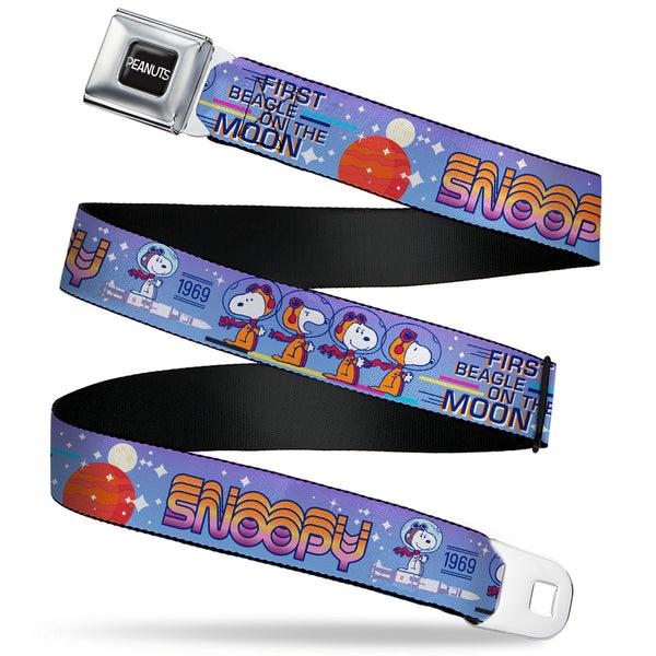 Buckle-Down PEANUTS Title Logo Full Color Black/White Seatbelt Belt - Peanuts Astronaut Snoopy Launch Poses and Text White/Multi Color Webbing
