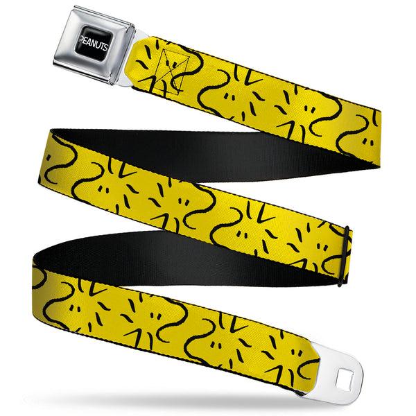 Buckle-Down PEANUTS Title Logo Full Color Black/White Seatbelt Belt - Peanuts Woodstock Line Face Line Art Yellow/Black Webbing