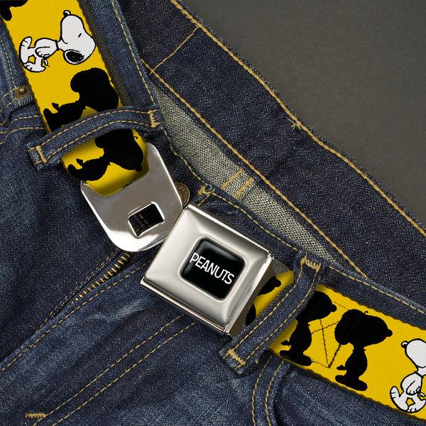 Buckle-Down PEANUTS Title Logo Full Color Black/White Seatbelt Belt - Peanuts Snoopy Walking/Silhouette Pose Yellow/Black/White Webbing