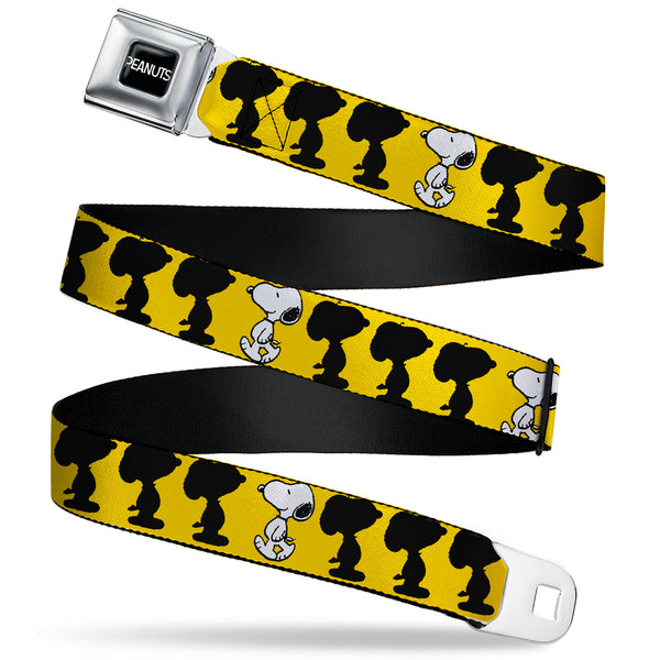 Buckle-Down PEANUTS Title Logo Full Color Black/White Seatbelt Belt - Peanuts Snoopy Walking/Silhouette Pose Yellow/Black/White Webbing